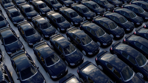 Overhead view of many different cars standing in rows in parking lot. Multicolored cars, texture wallpaper. Background for car dealership video. 3d rendering.
