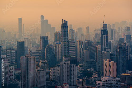 Photography Crowded financial skyscraper in dust and smog during the morning at Bangkok
