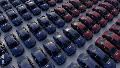A lot of cars in a rows. Aerial view new cars lined up in the port for import and export
Rows of new cars parked at a distribution center at a car factory on a sunny day. 3d rendering.