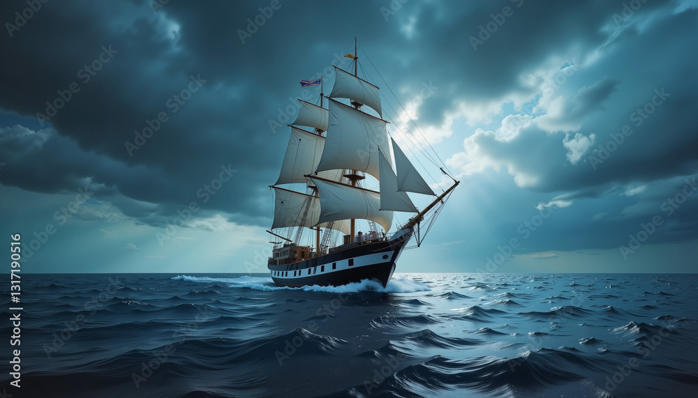 Obraz premium Dramatic pirate ship sailing through stormy seas, adventure awaits