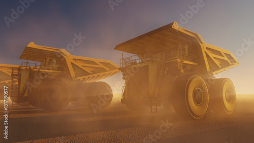 A large quarry dump trucks. Mining equipment for the transportation of coal and minerals. 
Row of heavy yellow mining dump trucks with large wheels and heavy duty design. 3D render.
