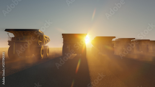 A large quarry dump trucks. Mining equipment for the transportation of coal and minerals. 
Row of heavy yellow mining dump trucks with large wheels and heavy duty design. 3D render.