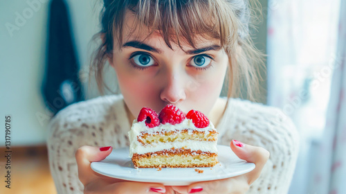 A woman on a strict diet desperately craving a slice of cake