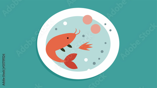 Seafood on a Plate A plate with seafood like shrimp or fish being served with tiny plastic particles tered a the food indicating the presence of microplastics in seafood.
