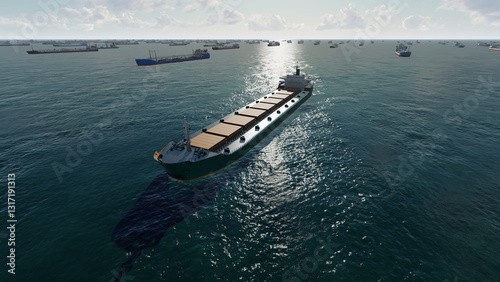 Aerial view, Oil tankers and gas ships waiting in the bay. Waiting to unload oil load from pipeline in the sea to wait for onward transportation. Commercial ships at sea. Large commercial cargo ships 