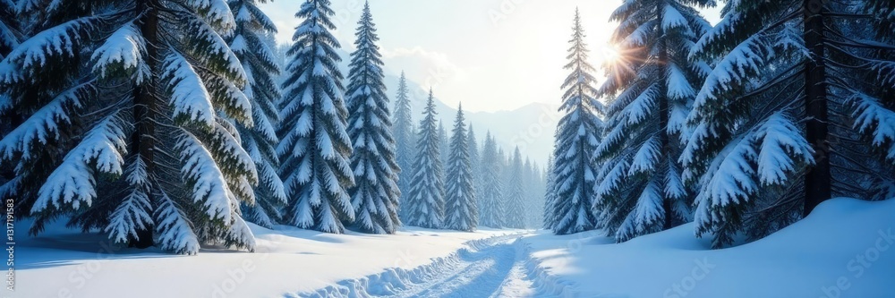Fototapeta premium Dense fir trees towering above snow-covered forest floor, snow, frosty, nature