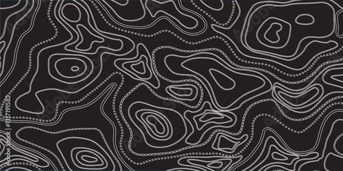 Topographic Contour Map Illustration Incorporating Dynamic Wave Curves, Geographic Grid Mapping, and Detailed Mountain Relief Depictions
