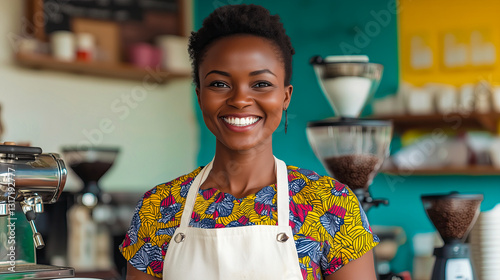 Pretty African barista woman. barista clothes. Smiling, coffee preparating. photo