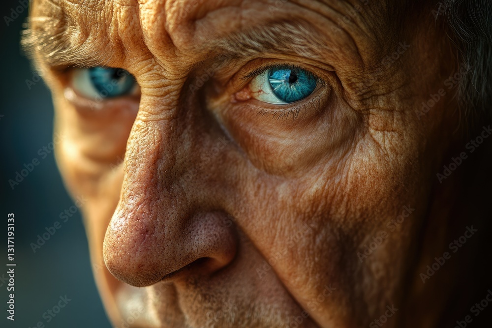 Obraz premium Close-up portrait of an elderly man with deep wrinkles and intense blue eyes, conveying age and wisdom.