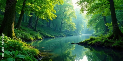 Dense foliage of deciduous trees surrounds a serene forest lake, water features, leafy greens, ferns