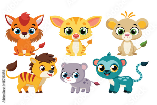 Colorful set of little cartoon animals, Animals riding on swings, forest animals with large eyes, Various monsters by hand drawn