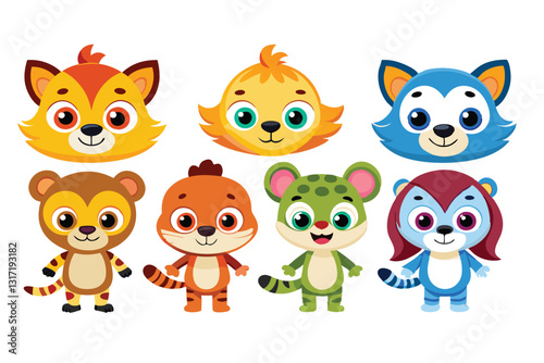 Colorful set of little cartoon animals, Animals riding on swings, forest animals with large eyes, Various monsters by hand drawn