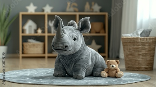 Grey rhino plush toy sits on rug, nursery room