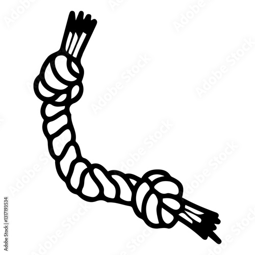 Dog toy. Hand drawn doodle. Knotted rope. Puppy entertainment. Tug of war game. Pet care. Animal accessory. Vector line art illustration.