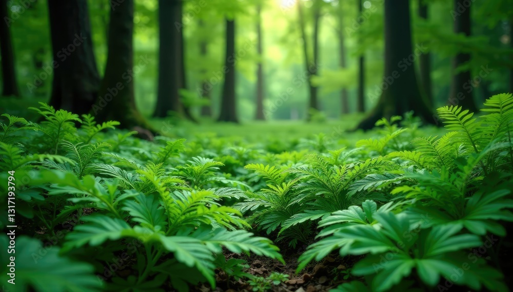 Fototapeta premium Dense foliage of wild ferns in forest understory, leafy greens, woodland canopy, plant life