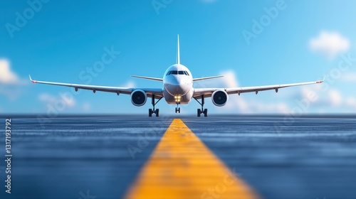 Airplane on runway, front view, yellow line, daytime, clear sky, commercial flight, travel, transportation, journey, destination