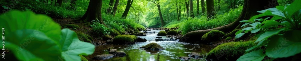 Dense foliage surrounds a serene forest stream, nature, greenery Dense foliage surrounds a serene forest stream, nature, greenery