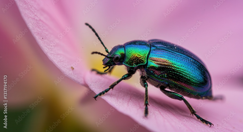 Fototapeta premium Iridescent Beetle Crawling on Delicate Pink Flower Petal Macro
