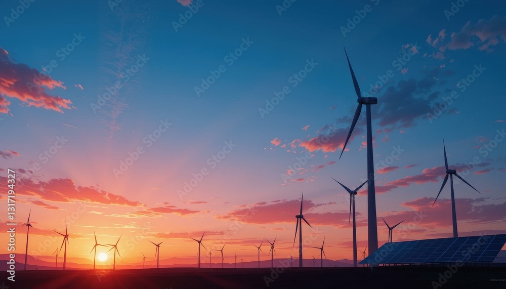 Obraz premium Vibrant Renewable Energy Concept: Digital Illustration Wind Turbines Solar Panels Sunset Colorful Sky Eco-Friendly Promotional Material
