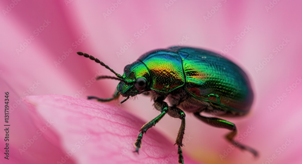 Fototapeta premium Iridescent Beetle Crawling on Pink Flower Petal in Macro Shot