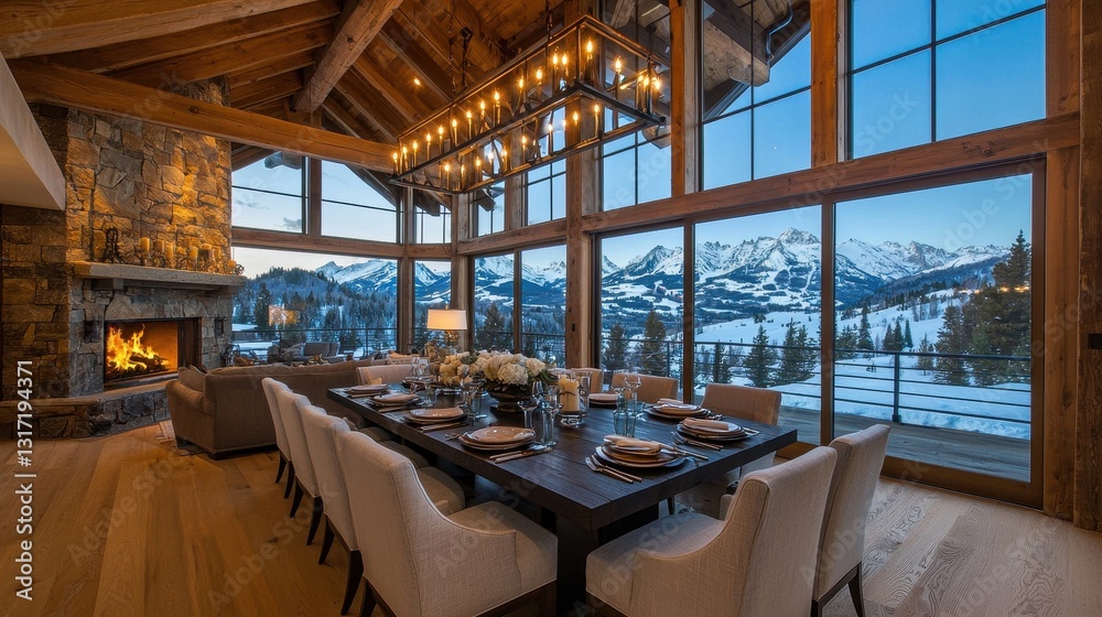 Fototapeta premium Cozy Modern Dining Room with Mountain View and Rustic Charm