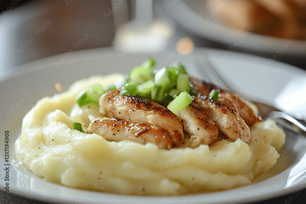 Plate with mashed potatoes, cooked leek slices, and small chicken strips Plate with mashed potatoes, cooked leek slices, and small chicken strips