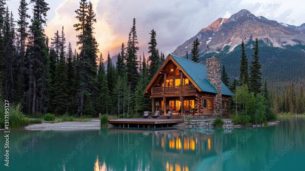 Fototapeta premium Cozy Cabin by Tranquil Lake Surrounded by Majestic Mountains