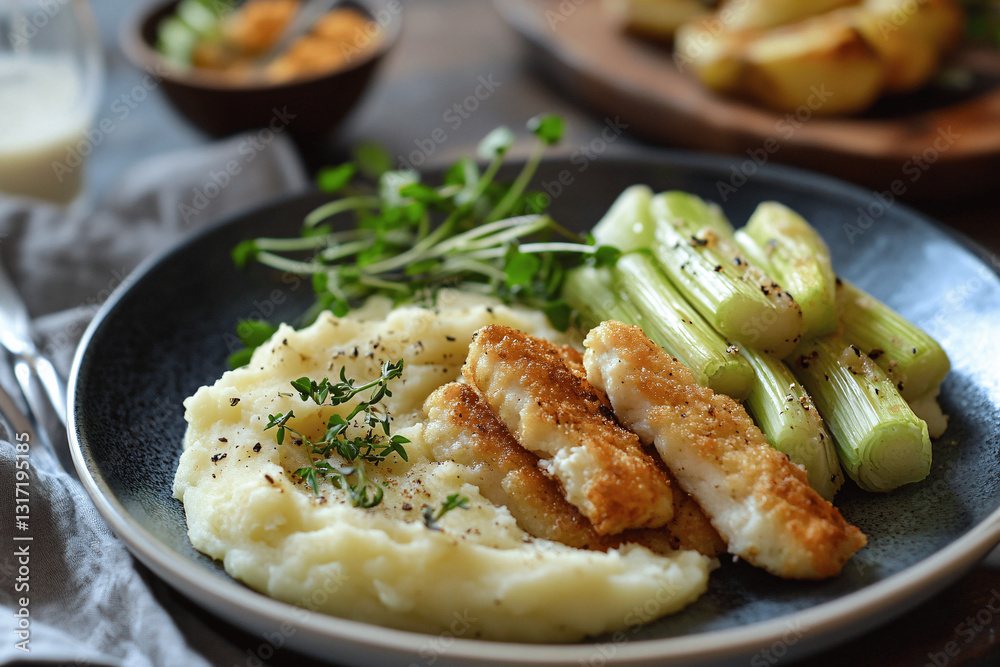 Plate with mashed potatoes, cooked leek slices, and small chicken strips Plate with mashed potatoes, cooked leek slices, and small chicken strips