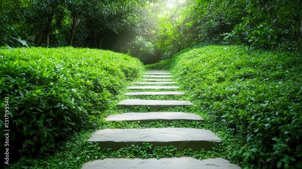Path through a dense green forest with sunlight streaming through the canopy serene and peaceful setting Path through a dense green forest with sunlight streaming through the canopy serene and peaceful setting