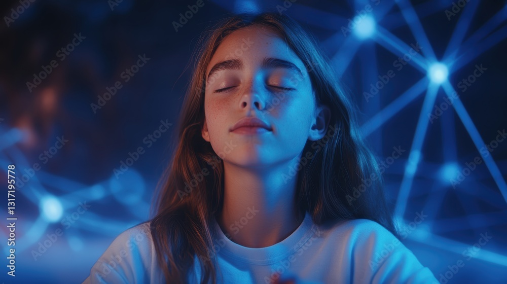 Naklejka premium Young Woman Meditating with Digital Neural Waves and Glow Effect