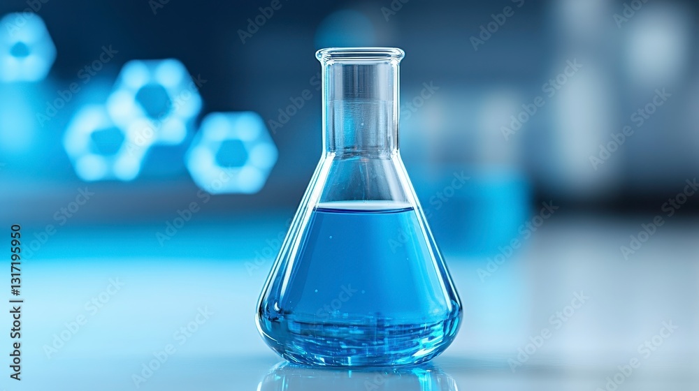 Close up view of a glass Erlenmeyer flask containing a light blue liquid, set against a blurred background of a laboratory with soft blue lighting Close up view of a glass Erlenmeyer flask containing a light blue liquid, set against a blurred background of a laboratory with soft blue lighting