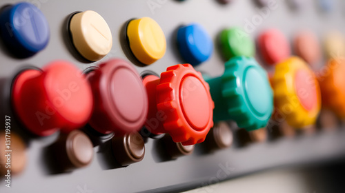 a row of colorful plastic knobs