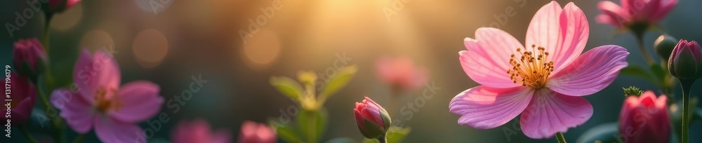 Gentle illumination highlights intricate flower details in soft abstract space, garden, delicate Gentle illumination highlights intricate flower details in soft abstract space, garden, delicate
