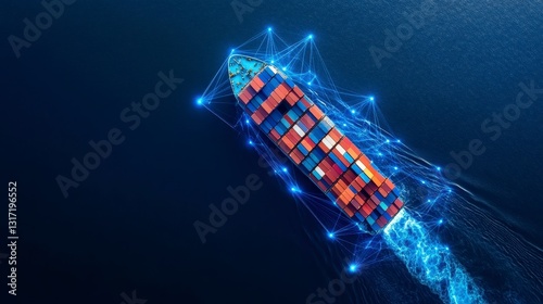 Aerial view of a cargo ship at sea, surrounded by a glowing blue network. Dark blue water, vibrant container colors