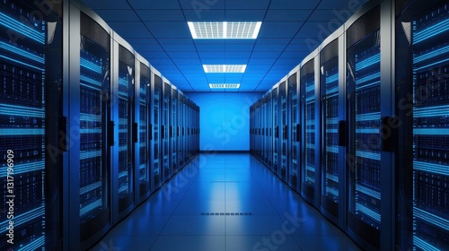 Data Center Interior with Technology Racks and Network Equipment