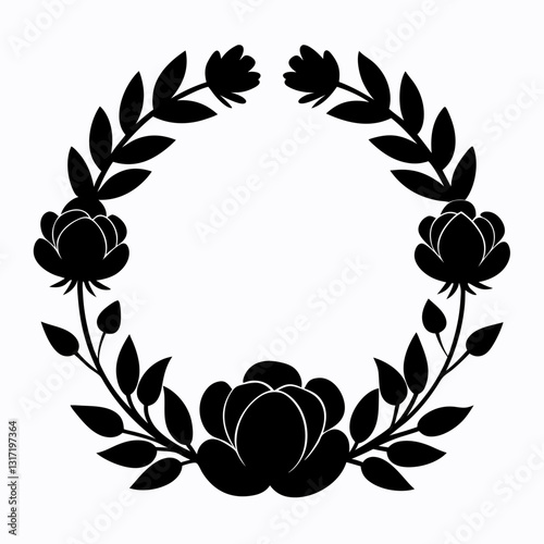 A symmetrical black floral wreath composed of roses and leaves forms a circular pattern