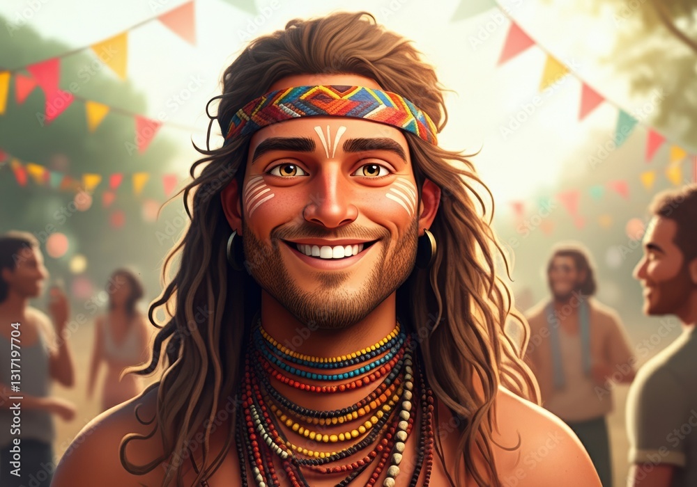 Obraz premium Smiling man with long hair and colorful accessories at a vibrant festival