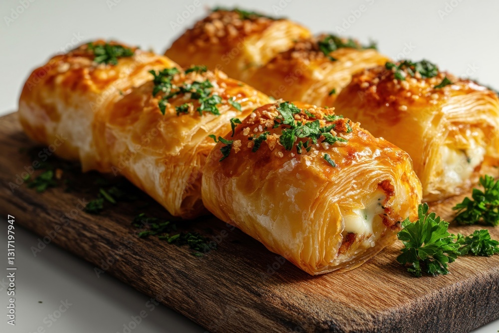 Small phyllo pastry rolls are beautifully arranged on a wooden board, topped with fresh herbs and a golden crust, perfect for any gathering Small phyllo pastry rolls are beautifully arranged on a wooden board, topped with fresh herbs and a golden crust, perfect for any gathering