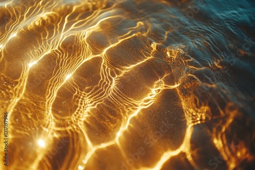 Golden sunlight refracting through shallow water, creating mesmerizing patterns on the sandy seabed.