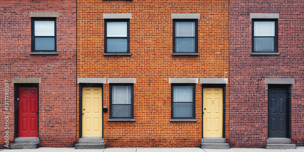 Obraz premium A vibrant image of a row of brick houses, featuring different colored doors, showcasing urban architecture and design.