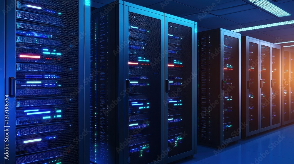 Modern Data Center with High-Tech Server Racks and LED Lights Modern Data Center with High-Tech Server Racks and LED Lights