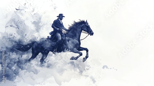 Delicate watercolor painting of Paul Revere on horseback, galloping through a misty night, rich historical atmosphere, isolated on white background