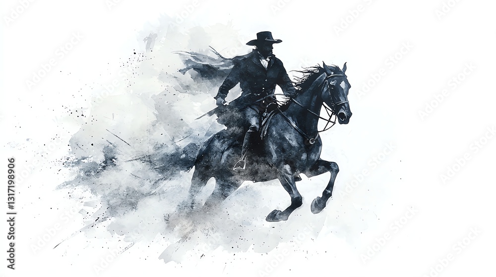Obraz premium Delicate watercolor painting of Paul Revere on horseback, galloping through a misty night, rich historical atmosphere, isolated on white background