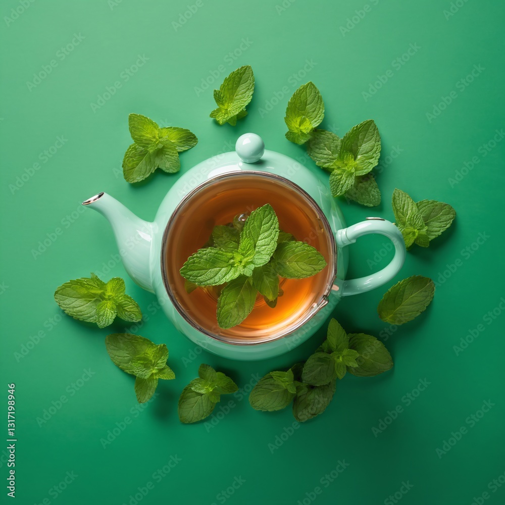 Refreshing Mint Tea with Fresh Mint Leaves on Green Background – Herbal Tea Concept Flat Lay Top View,