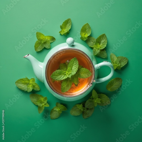 Obraz na płótnie Refreshing Mint Tea with Fresh Mint Leaves on Green Background – Herbal Tea Concept Flat Lay Top View, w salonie