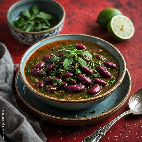 Ghormeh Sabzi Persian herb stew with kidney beans and dried lime Food portrait photography display on red background photo