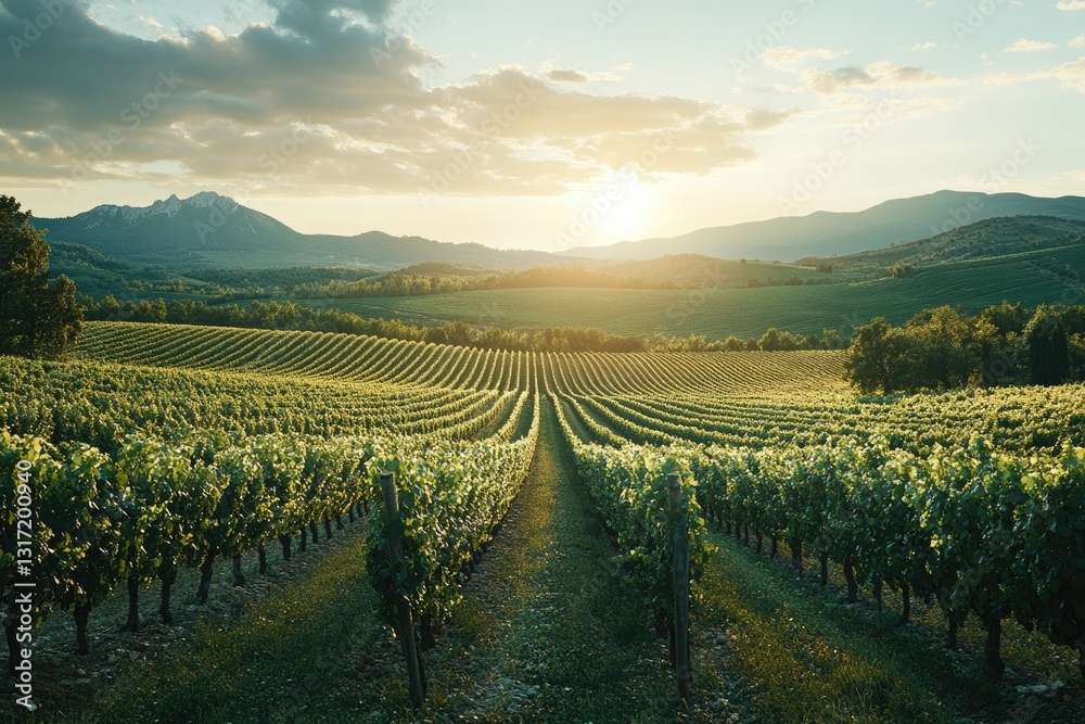 Fototapeta premium Vineyard rows stretch towards a sunlit mountain range, showcasing a picturesque rural landscape.