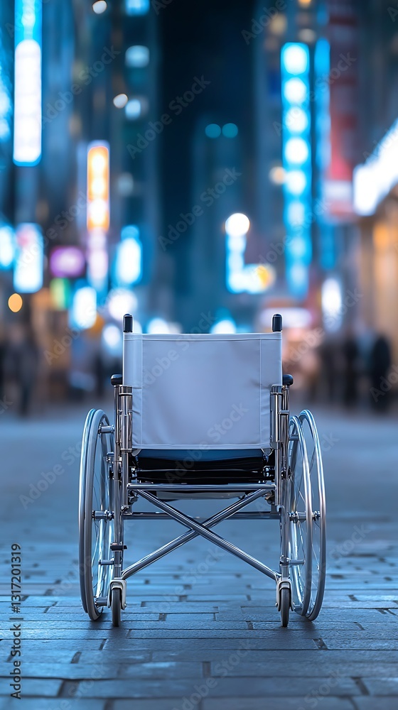 Obraz premium A lone wheelchair is positioned on a bustling city street, illuminated by vibrant neon lights, symbolizing accessibility and urban life.