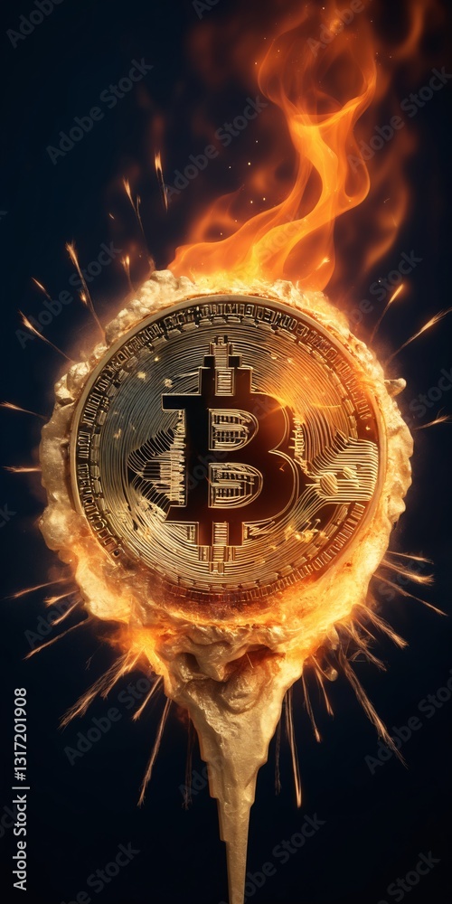Fiery Bitcoin Explosion: Digital Currency Concept with Gold Coin Amidst Flames and Sparks