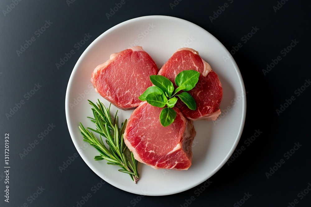 Raw Meat Cutlets with Herbs on Plate